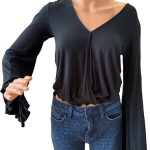 American Eagle Outfitters Black Draped V-Neck Long Sleeve Crop Top
